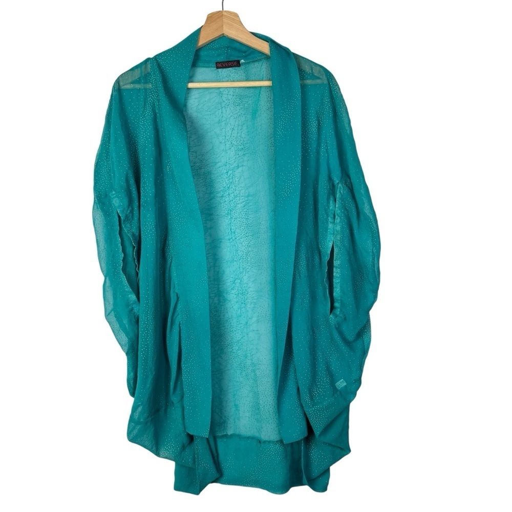 Boutique Reverse Teal Blue Gold Studded Kimono Open Front Top OS